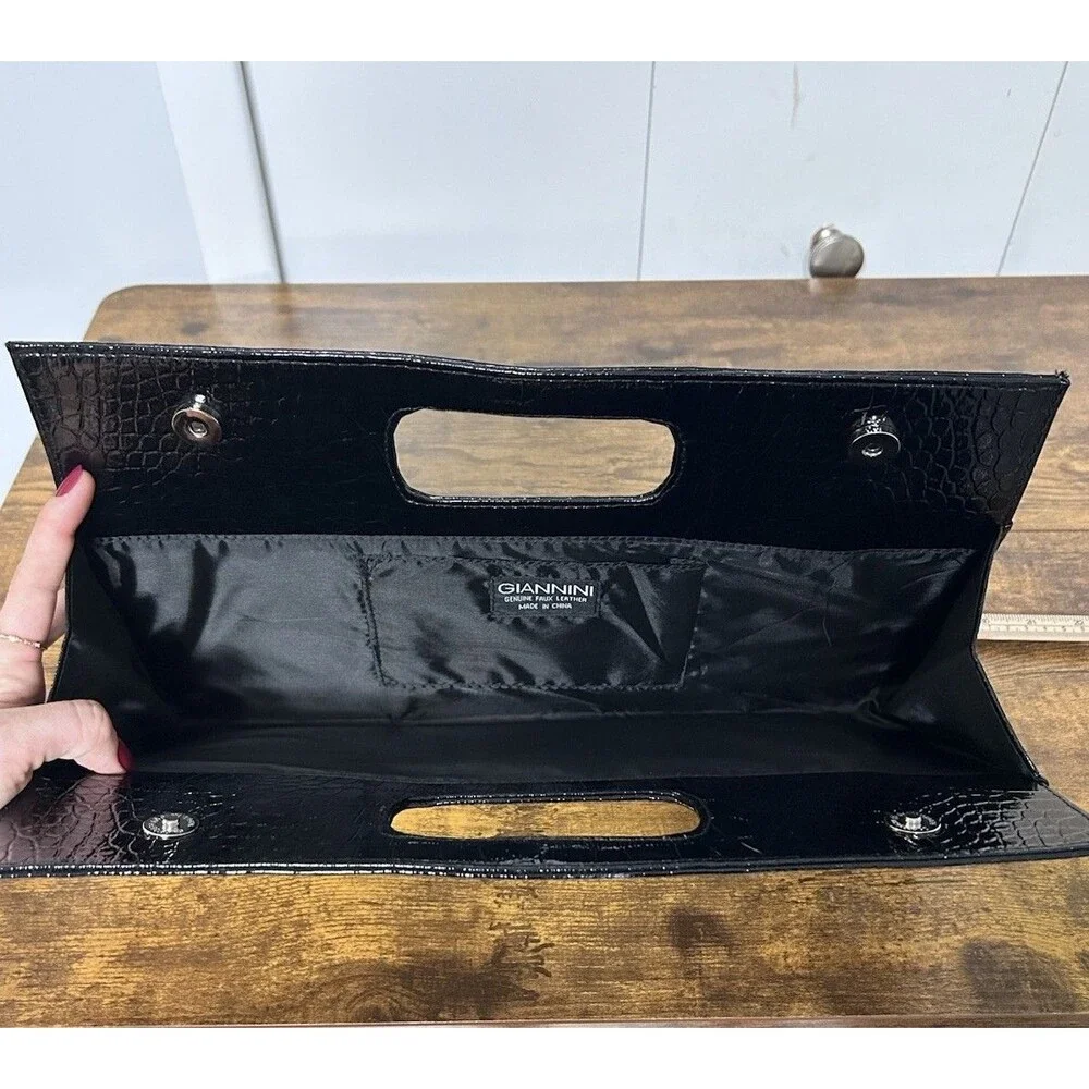 Vintage Giannini Patent BlackCroc Embossed Envelope Clutch Purse Minimalist Chic